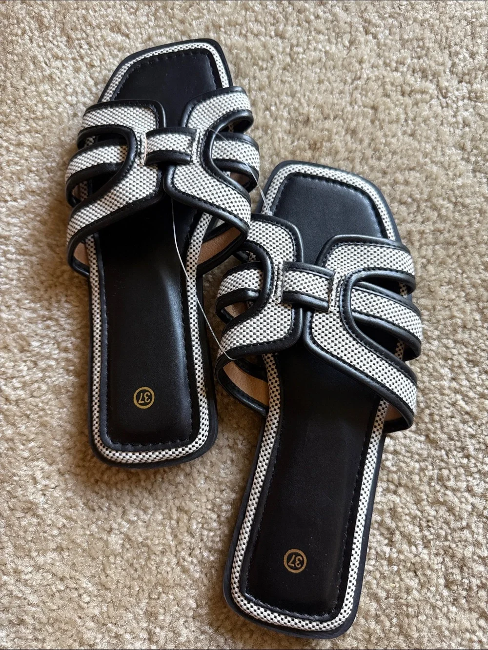 Black and White Slide Sandals with Braided Strap Detail